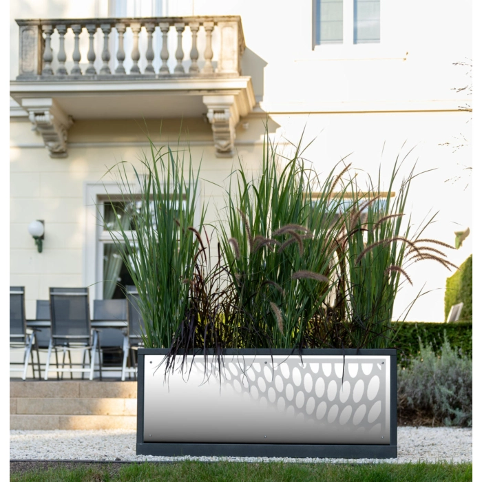 Beleuchteter Blumenkübel - XXL Pflanzkübel - FLEX 1200 - Rahmen Eisen Glimmer - Rückwand weiß + Ihre Wunschfüllung Konfigurierbar