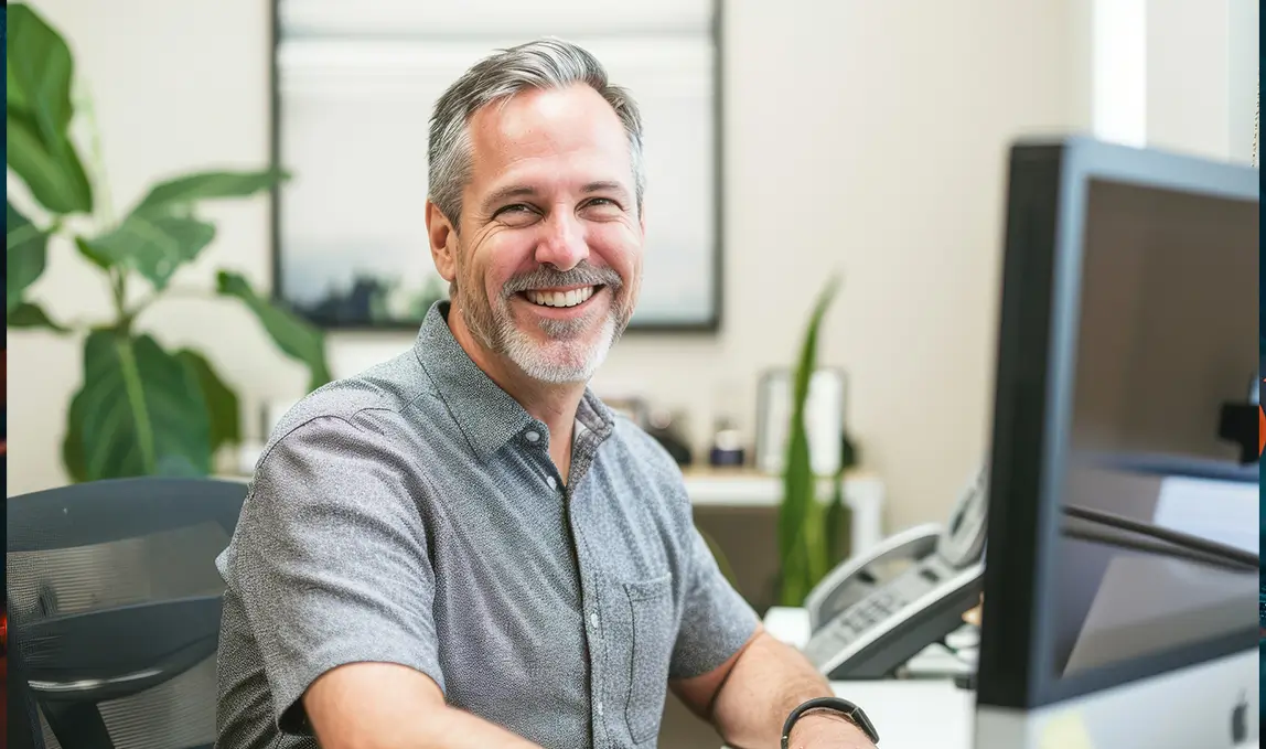 ein lächelnder Mann mit grauen Haaren und Bart sitzt vor einem Computerbildschirm an seinem Arbeitsplatz, im Hintergrund eine helle Wand, Pflanzen und ein Wandbild