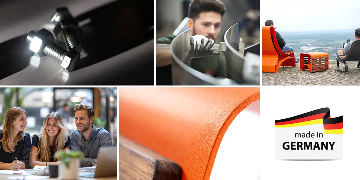 Bildcollage aus 6 Bildern. Oben links: eine Nahaufnahme von zwei Schrauben mit Muttern auf einem metallischen Untergrund. Oben Mitte: Eine Person fixiert metallische Elemente. Oben rechts: Zwei Personen sitzen auf Liege Sesseln vor einer Landschaft, zwischen ihnen ein Hocker mit einem Weinglas. Unten links: Drei Personen unterhalten sich in einem Büro. Unten Mitte: Detailaufnahme einer gebogenen Rückenlehne mit Holzelementen. Unten rechts: geschrieben "Made in Germany" darüber eine Grafik mit einer angedeuteten Deutschlandfahne.